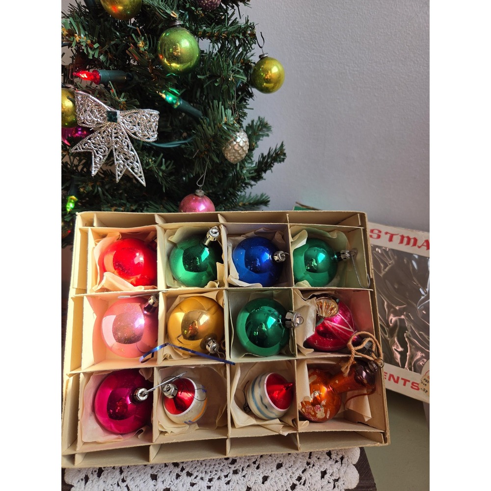 Vintage Poland Glass Christmas Ornaments โ 12 Mixed Baubles Original Box